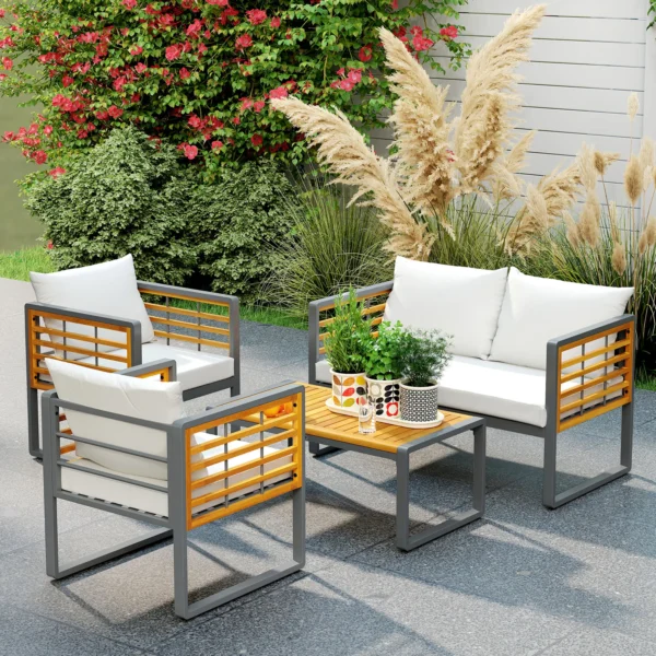 Acaciahout tuinmeubelset zitgroep voor 4 personen tuinlounge met 2 zits sofa 2 stoelen kussens bijzettafel in lamellenontwerp outdoor balkonmeubilair terrasmeubilair voor tuin balkon beige 10
