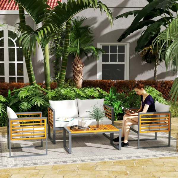 Acaciahout tuinmeubelset zitgroep voor 4 personen tuinlounge met 2 zits sofa 2 stoelen kussens bijzettafel in lamellenontwerp outdoor balkonmeubilair terrasmeubilair voor tuin balkon beige 2