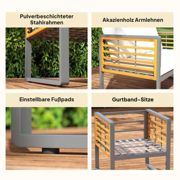 Acaciahout tuinmeubelset zitgroep voor 4 personen tuinlounge met 2 zits sofa 2 stoelen kussens bijzettafel in lamellenontwerp outdoor balkonmeubilair terrasmeubilair voor tuin balkon beige 8