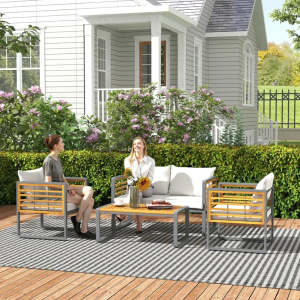 Acaciahout tuinmeubelset zitgroep voor 4 personen tuinlounge met 2 zits sofa 2 stoelen kussens bijzettafel in lamellenontwerp outdoor balkonmeubilair terrasmeubilair voor tuin balkon beige 9