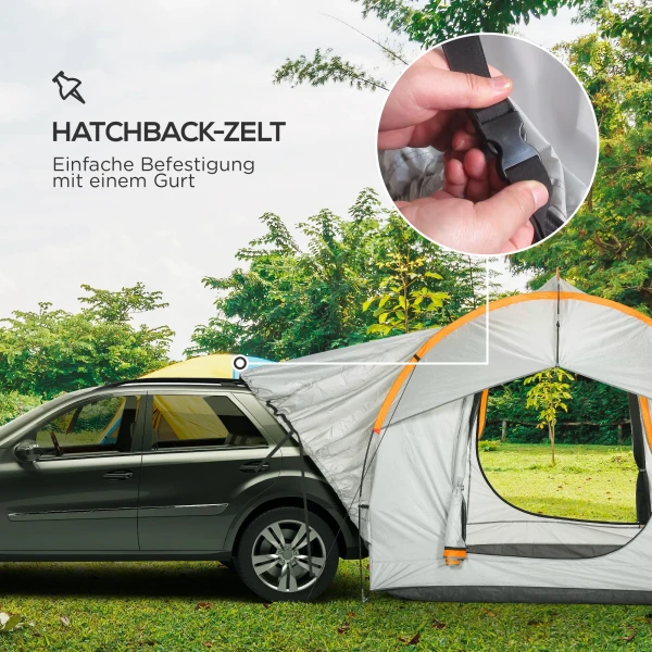 Achtertent auto koepeltent voor 6 personen met 3 deuren & ramen, achterkleptent voor caravans & suv's van polyester, lichtgrijs 5