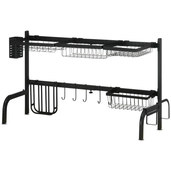 Afdruiprek 2 laags afwasrek met haken en afdruipbak van staal, zwart 51 93 cm voor keuken 1