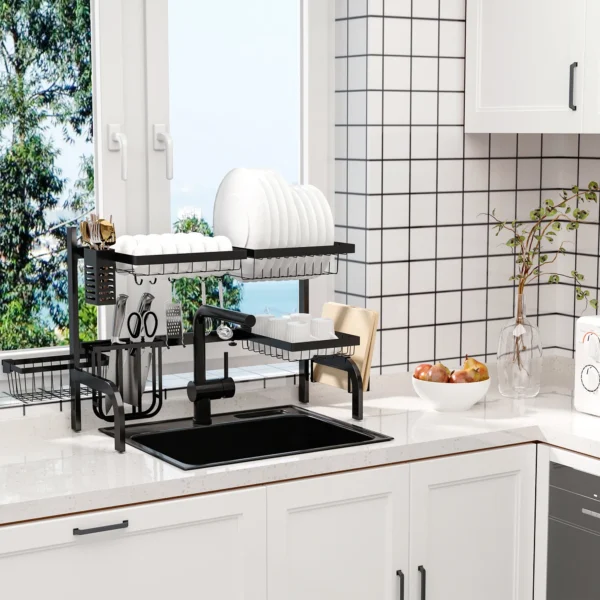Afdruiprek 2 laags afwasrek met haken en afdruipbak van staal, zwart 51 93 cm voor keuken 2