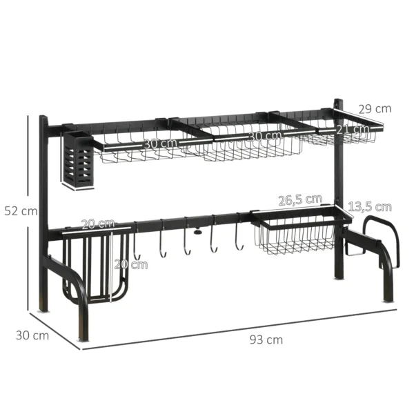 Afdruiprek 2 laags afwasrek met haken en afdruipbak van staal, zwart 51 93 cm voor keuken 4