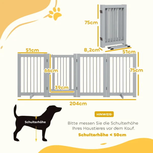 Afscheidingshek hond 4 delig, 204 x 75 cm opvouwbaar deurbeschermingshek met deur, vrijstaand hondenhek met 2 steunvoeten, traphekje van hout voor gang, keuken, trap, lichtgrijs 4