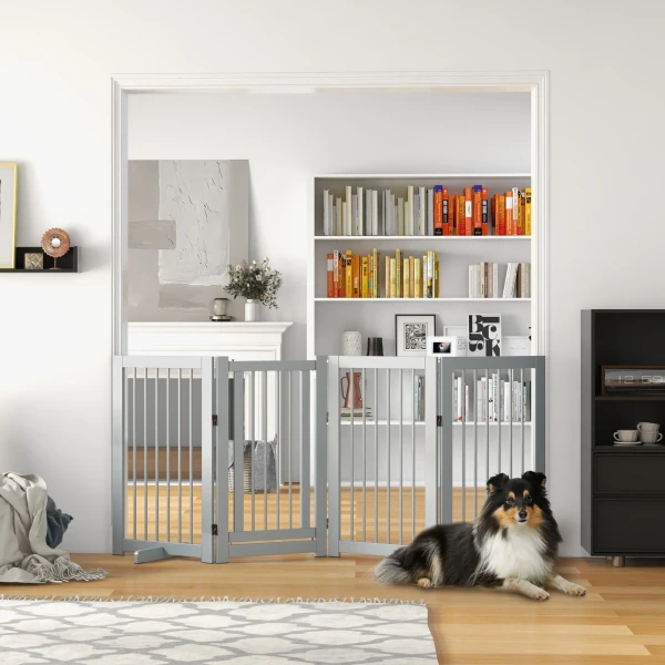 Afscheidingshek hond 4 delig 220 x 91 cm opvouwbaar met deur vrijstaand van hout met 2 steunvoeten trapbeschermingshek voor keuken gang trap lichtgrijs 2
