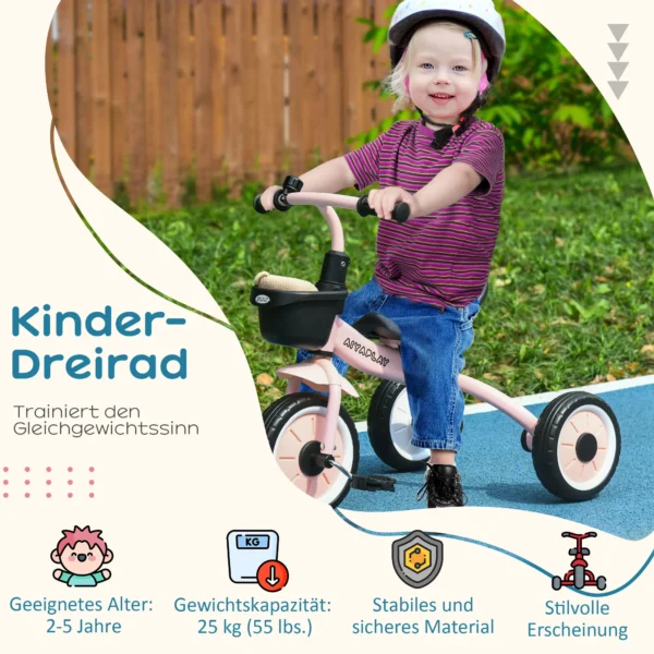 Aiyaplay driewieler kinderfiets met verstelbare zitplaats en fietsmandje, bel, pedalen, voor 2 5 jaar, metaal, roze 5
