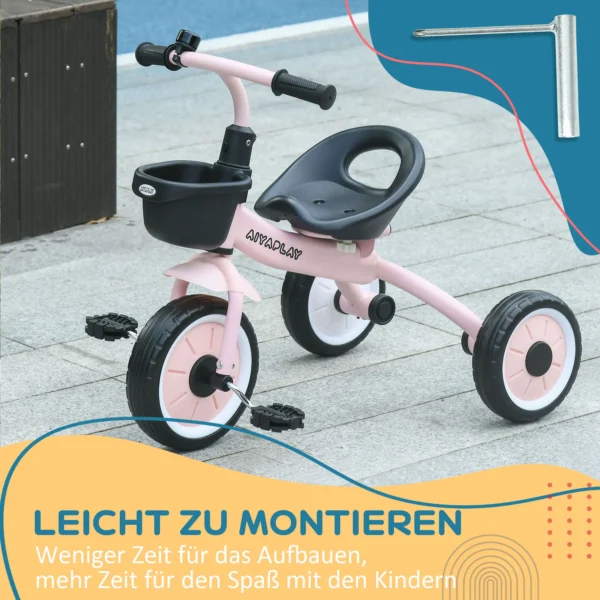 Aiyaplay driewieler kinderfiets met verstelbare zitplaats en fietsmandje, bel, pedalen, voor 2 5 jaar, metaal, roze 8