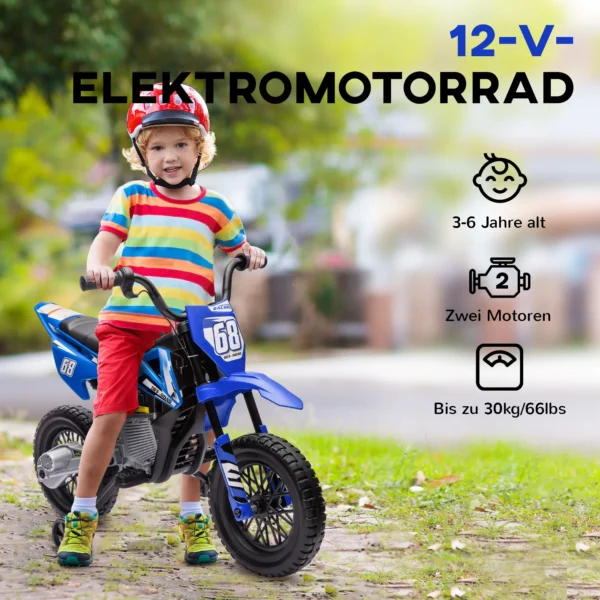Aiyaplay kinder elektrische motorfiets, 12v kinderfiets met muziek, kinderrijtuig met afneembare trainingswielen, 2,4 5 km/u, voor 3 6 jaar oude kinderen, max. 30 kg, blauw 7