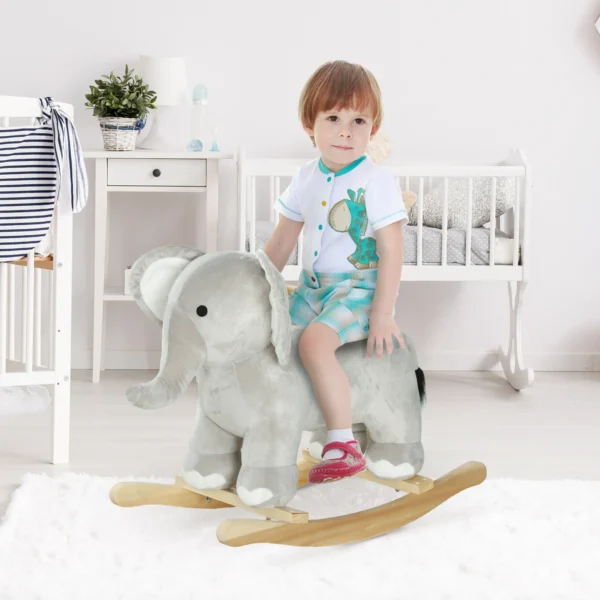 Aiyaplay schommeldier schommelelfant met geluidsfunctie en handvatten, baby schommeldier met pluche uiterlijk, voor 2 4 jaar kinderen, grijs 2