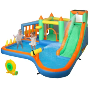 Aiyaplay springkasteel met blazer, waterglijbaan, pierenbadje, ballenbak, klimmuur, werp ring, springen, basketbalnet, waterkanon, opblaasbaar springkasteel voor 3 8 jaar, 416 x 370 x 195 cm 1