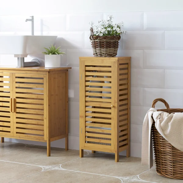 Badkamerkast bijzettafel met lamellendeur, 2 vakken, opslag, natuur, 30x19,9x70cm 8