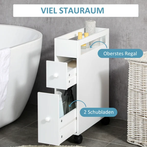 Badkamerkast nis kast met wielen, 2 lades & open vak, badkamer trolley, wit, 16x49,5x66cm 5