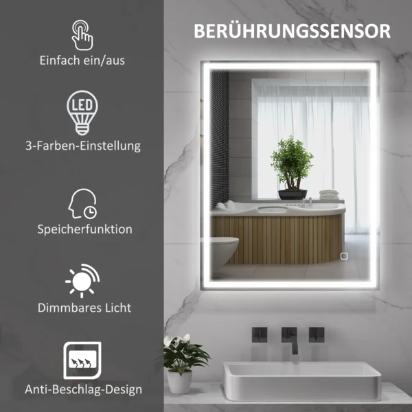 Badkamerspiegel met verlichting 90x70 cm led spiegel wandspiegel met geheugenfunctie 3 lichtkleuren anti condens lichtspiegel met touchschakelaar zilver 5