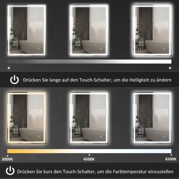 Badkamerspiegel met verlichting 90x70 cm led spiegel wandspiegel met geheugenfunctie 3 lichtkleuren anti condens lichtspiegel met touchschakelaar zilver 6
