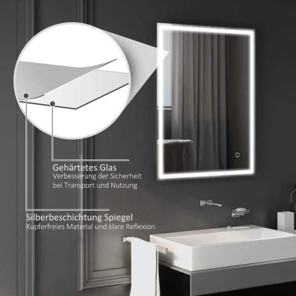 Badkamerspiegel met verlichting 90x70 cm led spiegel wandspiegel met geheugenfunctie 3 lichtkleuren anti condens lichtspiegel met touchschakelaar zilver 8