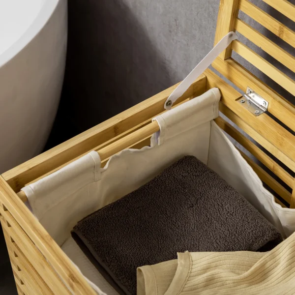 Bamboe wasmand met 63 l wasverzamelaar met deksel, uitneembare waszak, stang, wasmanden wasbox voor wasruimte slaapkamer badkamer natuurhout 10