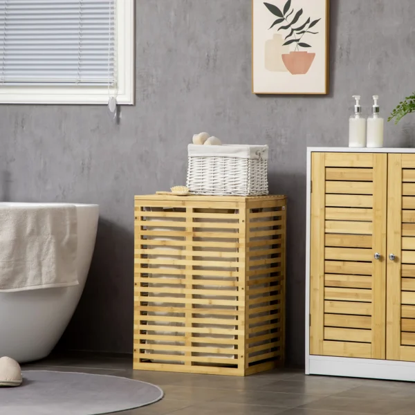 Bamboe wasmand met 63 l wasverzamelaar met deksel, uitneembare waszak, stang, wasmanden wasbox voor wasruimte slaapkamer badkamer natuurhout 2
