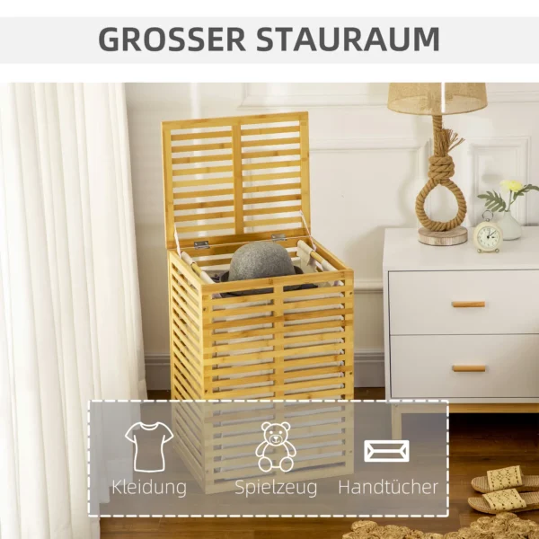 Bamboe wasmand met 63 l wasverzamelaar met deksel, uitneembare waszak, stang, wasmanden wasbox voor wasruimte slaapkamer badkamer natuurhout 5