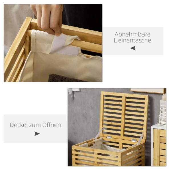Bamboe wasmand met 63 l wasverzamelaar met deksel, uitneembare waszak, stang, wasmanden wasbox voor wasruimte slaapkamer badkamer natuurhout 6