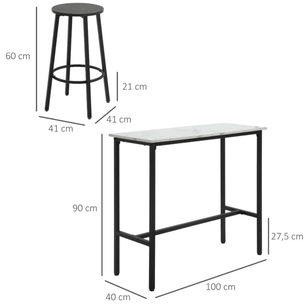 Bartafel met barkruk set, 3 delige bartafel set, eettafel met 2 barkrukken, eetgroep, staande tafel, keukentafel, staal, wit, zwart 4