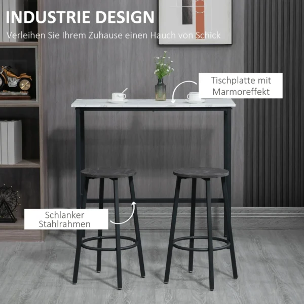 Bartafel met barkruk set, 3 delige bartafel set, eettafel met 2 barkrukken, eetgroep, staande tafel, keukentafel, staal, wit, zwart 6