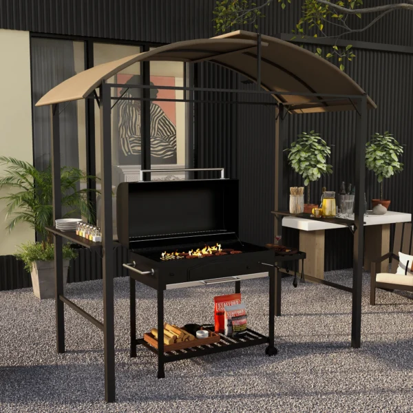 Bbq grillpaviljoen 1,1 x 2,3m weerbestendig met polyesterdak en zijplanken voor grills tot 100 cm staal khaki 2