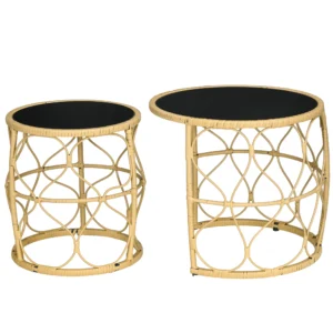Bijzettafel 2 delige set rattan met glazen blad, stapelbaar in boho stijl, khaki, ideaal voor tuin & balkon 1