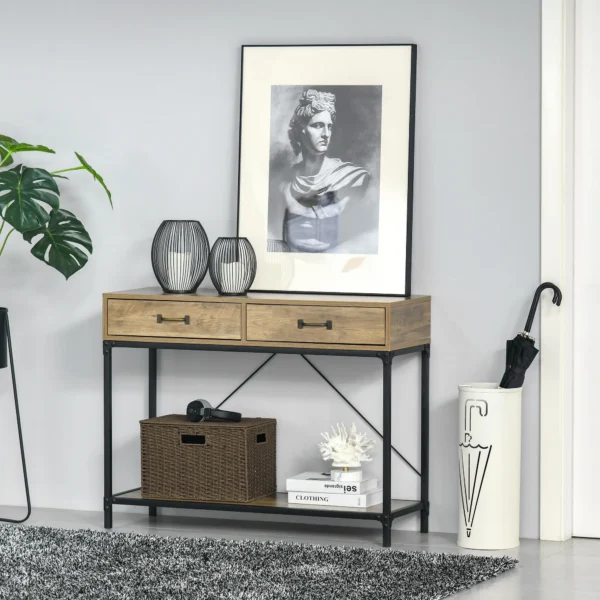 Bijzettafel console tafel entreetafel met 2 lades en onderste plank vintage bruin zwart 100x35x76,5 cm voor hal & woonkamer 2