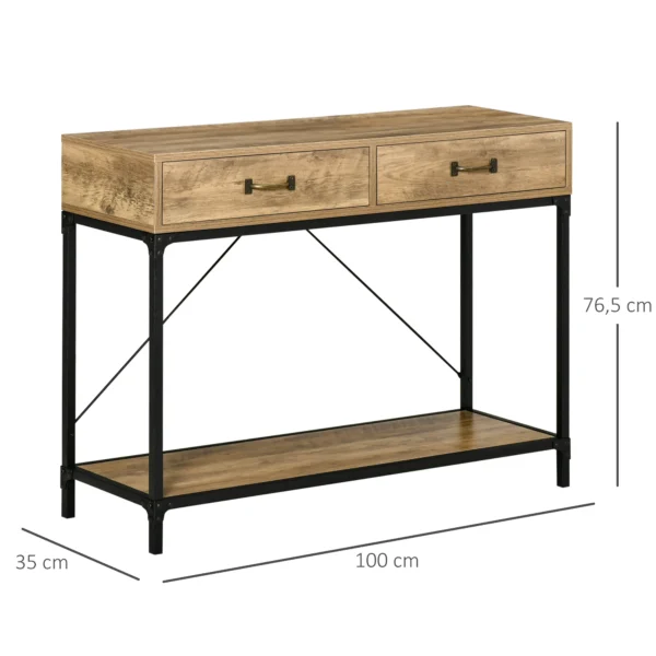 Bijzettafel console tafel entreetafel met 2 lades en onderste plank vintage bruin zwart 100x35x76,5 cm voor hal & woonkamer 4