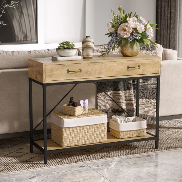 Bijzettafel console tafel entreetafel met 2 lades en onderste plank vintage bruin zwart 100x35x76,5 cm voor hal & woonkamer 5