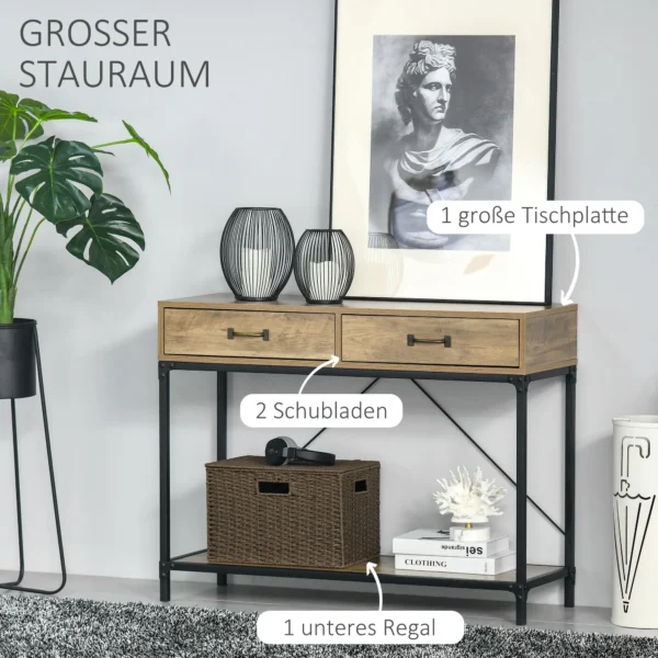 Bijzettafel console tafel entreetafel met 2 lades en onderste plank vintage bruin zwart 100x35x76,5 cm voor hal & woonkamer 6