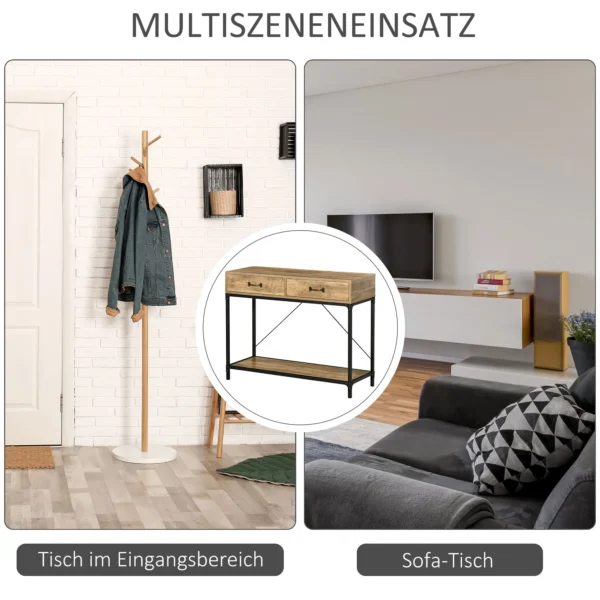 Bijzettafel console tafel entreetafel met 2 lades en onderste plank vintage bruin zwart 100x35x76,5 cm voor hal & woonkamer 9