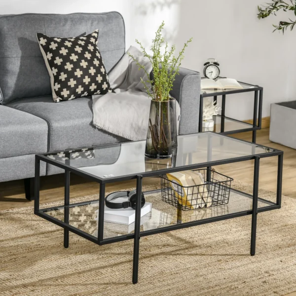 Bijzettafel glas salontafel met 3 planken, stalen frame zwart 100x55x45,5cm voor woonkamer & moderne inrichting 2