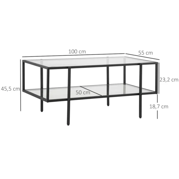Bijzettafel glas salontafel met 3 planken, stalen frame zwart 100x55x45,5cm voor woonkamer & moderne inrichting 4