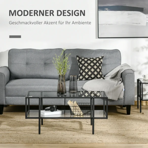 Bijzettafel glas salontafel met 3 planken, stalen frame zwart 100x55x45,5cm voor woonkamer & moderne inrichting 5