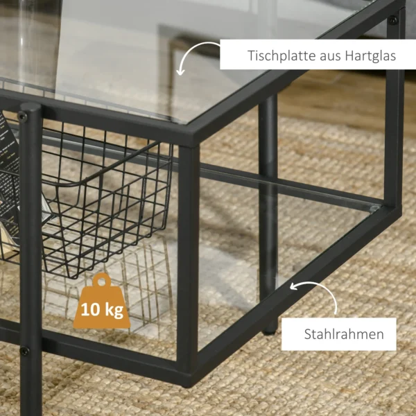 Bijzettafel glas salontafel met 3 planken, stalen frame zwart 100x55x45,5cm voor woonkamer & moderne inrichting 6
