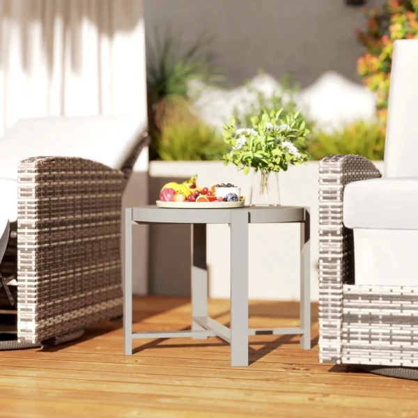 Bijzettafel tuintafel rond weerbestendig aluminium balkontafel met marmerlook campingtafel koffietafel voor woonkamer kantoor buiten binnen grijs 10