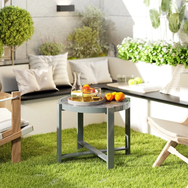 Bijzettafel tuintafel rond weerbestendig aluminium balkontafel met marmerlook campingtafel koffietafel voor woonkamer kantoor buiten binnen grijs 2