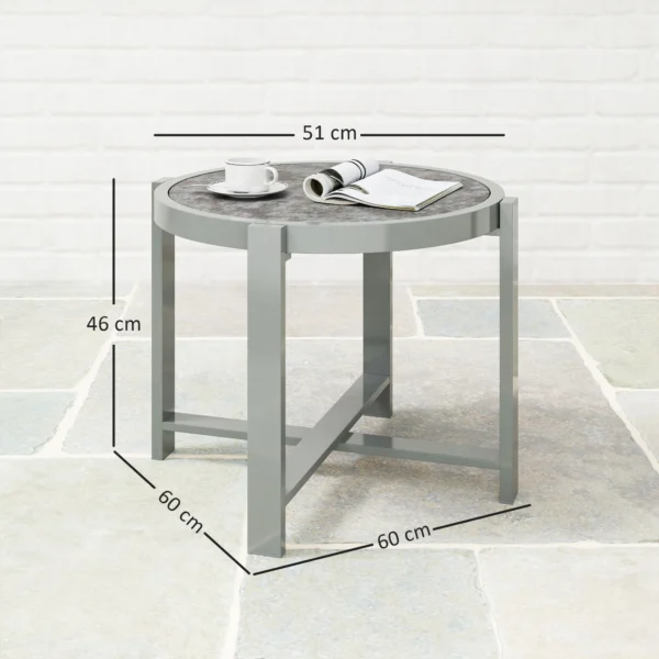 Bijzettafel tuintafel rond weerbestendig aluminium balkontafel met marmerlook campingtafel koffietafel voor woonkamer kantoor buiten binnen grijs 4