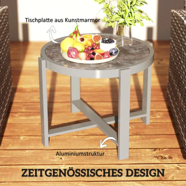 Bijzettafel tuintafel rond weerbestendig aluminium balkontafel met marmerlook campingtafel koffietafel voor woonkamer kantoor buiten binnen grijs 5