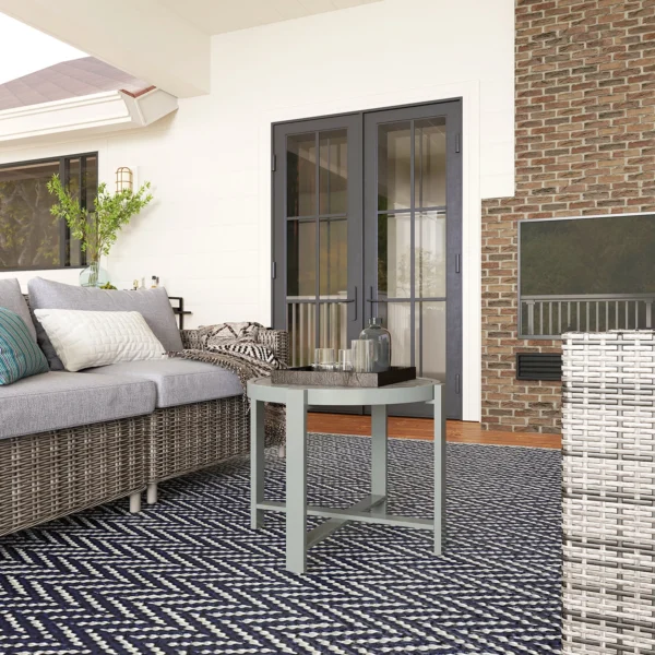 Bijzettafel tuintafel rond weerbestendig aluminium balkontafel met marmerlook campingtafel koffietafel voor woonkamer kantoor buiten binnen grijs 8
