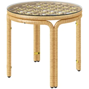 Bijzettafel van polyrattan ronde salontafel met glazen tafelblad nachtkastje tuintafel tuinmeubilair koffietafel sofatafel voor woonkamer tuin terras balkon, Ø50 cm geel 1