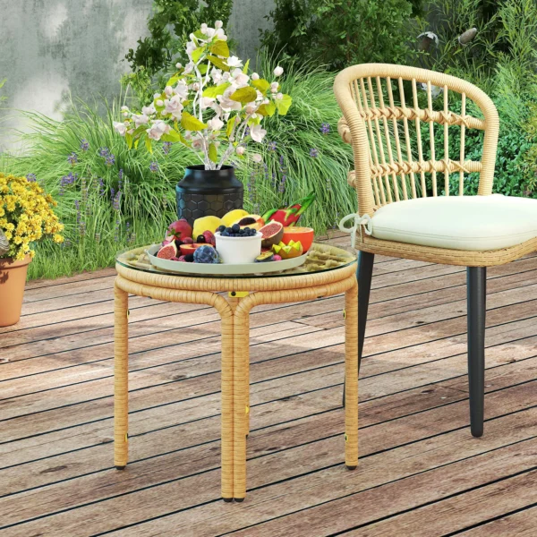 Bijzettafel van polyrattan ronde salontafel met glazen tafelblad nachtkastje tuintafel tuinmeubilair koffietafel sofatafel voor woonkamer tuin terras balkon, Ø50 cm geel 2