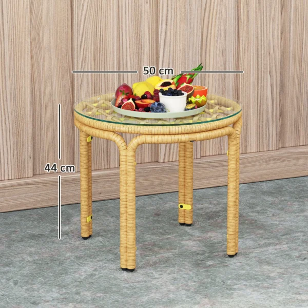 Bijzettafel van polyrattan ronde salontafel met glazen tafelblad nachtkastje tuintafel tuinmeubilair koffietafel sofatafel voor woonkamer tuin terras balkon, Ø50 cm geel 4