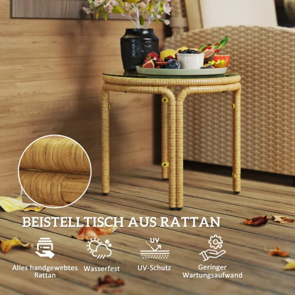 Bijzettafel van polyrattan ronde salontafel met glazen tafelblad nachtkastje tuintafel tuinmeubilair koffietafel sofatafel voor woonkamer tuin terras balkon, Ø50 cm geel 5