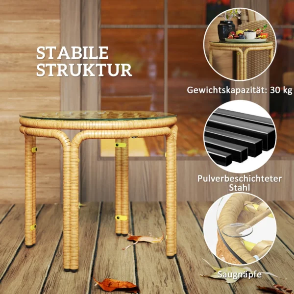 Bijzettafel van polyrattan ronde salontafel met glazen tafelblad nachtkastje tuintafel tuinmeubilair koffietafel sofatafel voor woonkamer tuin terras balkon, Ø50 cm geel 6