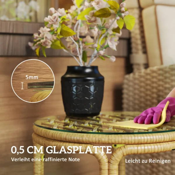 Bijzettafel van polyrattan ronde salontafel met glazen tafelblad nachtkastje tuintafel tuinmeubilair koffietafel sofatafel voor woonkamer tuin terras balkon, Ø50 cm geel 7