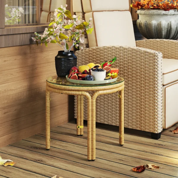 Bijzettafel van polyrattan ronde salontafel met glazen tafelblad nachtkastje tuintafel tuinmeubilair koffietafel sofatafel voor woonkamer tuin terras balkon, Ø50 cm geel 8