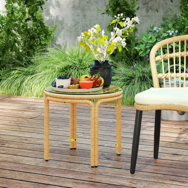 Bijzettafel van polyrattan ronde salontafel met glazen tafelblad nachtkastje tuintafel tuinmeubilair koffietafel sofatafel voor woonkamer tuin terras balkon, Ø50 cm geel 9